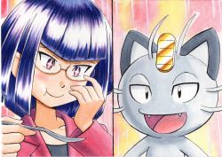 Rule 34 | + +, 1girl, :t, alolan form, alolan meowth, black shirt, blunt bangs, blush, closed mouth, collarbone, commentary request, creatures (company), game freak, gen 7 pokemon, glasses, hands up, highres, holding, holding spoon, jacket, long sleeves, looking down, matori (pokemon), nintendo, oka mochi, pokemon, pokemon (anime), pokemon (creature), pokemon sm (anime), purple hair, red eyes, shirt, short hair, smile, split screen, spoon, traditional media, upper body