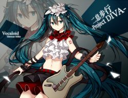 Rule 34 | 1girl, aqua eyes, aqua hair, bad id, bad pixiv id, character name, copyright name, electric guitar, flower, guitar, hair flower, hair ornament, hatsune miku, instrument, long hair, midriff, nisoku hokou (vocaloid), project diva (series), project diva f 2nd, skirt, solo, tattoo, twintails, very long hair, vocaloid, zoom layer
