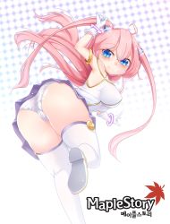 Rule 34 | 1girl, angelic buster, blue eyes, blush, breasts, donedone, gloves, hair ornament, horns, korean text, large breasts, long hair, looking at viewer, maplestory, panties, pantyshot, pink hair, pleated skirt, skirt, smile, solo, thighhighs, twintails, two side up, underwear, white thighhighs, wings