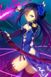 Rule 34 | 1girl, argyle, argyle clothes, argyle cutout, arrow (projectile), blue eyes, bow (weapon), butt crack, china dress, chinese clothes, closed mouth, clothing cutout, dress, heterochromia, holding, holding arrow, holster, long hair, looking at viewer, official art, pelvic curtain, purple eyes, purple hair, purple thighhighs, sangoku romance, side cutout, solo, thigh holster, thighhighs, weapon, yangsion