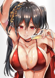 Rule 34 | 1girl, ahoge, alcohol, alternate costume, armpits, azur lane, bare shoulders, black hair, blush, breasts, champagne flute, choker, cleavage, collarbone, commentary request, crossed bangs, cup, dress, drinking glass, gradient background, hair between eyes, hair ornament, highres, himuro shunsuke, holding, holding cup, huge breasts, large breasts, leaning forward, long hair, long sleeves, looking at viewer, nail polish, nose blush, off shoulder, open mouth, out of frame, parted lips, pink nails, pouring, reaching, reaching towards viewer, red dress, red eyes, shiny skin, sidelocks, simple background, smile, solo, taihou (azur lane), taihou (forbidden feast) (azur lane), upper body, very long hair