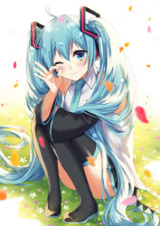 Rule 34 | 1girl, ;), absurdly long hair, aqua eyes, aqua hair, aqua necktie, artist name, artist request, bare shoulders, black footwear, black skirt, black sleeves, black thighhighs, blue eyes, blue hair, blue nails, blue necktie, blush, boots, breasts, closed mouth, collared shirt, commentary, detached sleeves, female focus, full body, grass, hair between eyes, hair ornament, hatsune miku, headphones, headset, kirisita, long hair, long sleeves, looking at viewer, miniskirt, nail polish, nails, necktie, ok sign, one eye closed, outdoors, parted lips, pleated skirt, shirt, shoulder tattoo, sitting, skirt, sleeveless, sleeveless shirt, sleeves past fingers, sleeves past wrists, small breasts, smile, solo, tattoo, thigh boots, thigh gap, thighhighs, twintails, very long hair, vocaloid, white background, white shirt, wing collar, zettai ryouiki