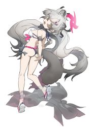 Rule 34 | animal ear fluff, animal ears, ass, bikini, blue archive, blue bikini, breasts, brown eyes, from behind, full body, grey hair, hair ornament, highres, kneepits, leaning back, leg up, legs, long hair, looking back, michiru (blue archive), nemo (leafnight), open mouth, raccoon ears, raccoon tail, ribbon, sandals, sideboob, small breasts, smile, standing, standing on one leg, swimsuit, tail, thighs, twintails, very long hair, white bikini