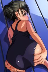 Rule 34 | 1girl, absurdres, all fours, ass, bench, black hair, blush, brown eyes, commentary request, competition school swimsuit, feet out of frame, from above, hands on own ass, high ponytail, highres, kneeling, looking at viewer, looking back, matsunaga kouyou, original, presenting, school swimsuit, short hair, solo, swimsuit, top-down bottom-up