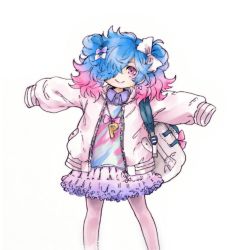 Rule 34 | 1girl, bag, blue hair, bow, fire emblem, fire emblem fates, hair over one eye, hotate rayan, jacket, jewelry, long hair, necklace, nintendo, peri (fire emblem), pink eyes, pink hair, simple background, solo, thighhighs, twintails, white background