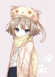 Rule 34 | 1girl, 778-go, absurdres, animal hat, bad id, bad pixiv id, beret, blue eyes, blush, brown hair, button eyes, buttons, copyright request, eyelashes, grey background, hand in pocket, hat, highres, hood, hooded jacket, jacket, looking at viewer, open clothes, open jacket, paw print, scarf, shirt, simple background, solo, triangle mouth, white shirt