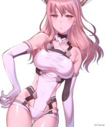 Rule 34 | 1girl, artist name, breasts, breasts apart, character request, closed mouth, collarbone, contrapposto, cowboy shot, elbow gloves, floating hair, frown, gloves, hair between eyes, hand on own hip, highres, kio rojine, leotard, long hair, looking at viewer, medium breasts, pink hair, red eyes, simple background, solo, thigh gap, white background, white gloves, white leotard