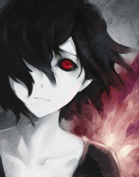 Rule 34 | 10s, 1girl, artist name, bad id, bad pixiv id, black hair, black sclera, bzerox, colored sclera, colored skin, dated, expressionless, hair over one eye, highres, kagune (tokyo ghoul), kirishima touka, looking at viewer, red eyes, short hair, single wing, solo, tokyo ghoul, white skin, wings