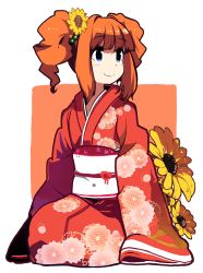 Rule 34 | 1girl, absurdres, arms at sides, beads, blue eyes, blunt bangs, blush, closed mouth, eyebrows, floral print, flower, full body, hair beads, hair flower, hair ornament, hands in opposite sleeves, highres, idolmaster, idolmaster (classic), itsuki (siikun), japanese clothes, kimono, long sleeves, looking away, obi, orange hair, print kimono, red kimono, rounded corners, sash, seiza, sidelocks, sitting, smile, solo, sunflower, sunflower hair ornament, takatsuki yayoi, twintails, white background, wide sleeves, yukata