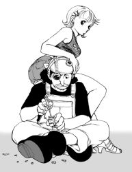 Rule 34 | 1boy, 1girl, chabudai, denim, denim shorts, greyscale, head on ass, high heels, jaya, looking at viewer, looking back, monochrome, nami (one piece), one piece, overalls, screwdriver, shoes, short hair, shorts, sitting, sitting on person, tank top, usopp