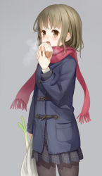 Rule 34 | 1girl, baozi, black pantyhose, blush, brown eyes, brown hair, food, jacket, open mouth, original, pantyhose, parsley-f, red scarf, scarf, short hair, simple background, skirt, solo, spring onion
