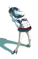 Rule 34 | 1girl, :p, bare legs, black hair, dress, from behind, grey horns, high heel sandals, high heels, horns, kijin seija, looking at viewer, multicolored hair, open shoes, red eyes, red hair, sandals, smile, solo, tongue, tongue out, touhou, yamamomo (plank)