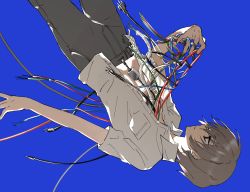 Rule 34 | 1boy, android, blue background, brown eyes, brown hair, cable, extraspiky, falling, highres, male focus, mechanical parts, original, parted lips, simple background, solo, topless male, wire