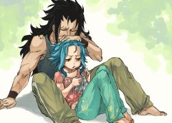 Rule 34 | 1boy, 1girl, barefoot, black hair, blue hair, blush, brown pants, collarbone, couple, covered abs, ear piercing, fairy tail, gajeel redfox, gradient background, green pants, grey tank top, holding, leaning back, levy mcgarden, long hair, medium hair, needle, pants, piercing, pink shirt, rusky, scar, scar on arm, sewing, sewing needle, shirt, sitting, smile, star (symbol), tank top, teeth, twitter username