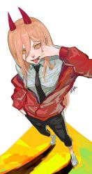 Rule 34 | + +, 1girl, artist name, black necktie, black pants, blonde hair, breasts, chainsaw man, cheek pull, collared shirt, commentary, cross-shaped pupils, demon horns, dress shirt, from above, full body, hair between eyes, hand in pocket, highres, horns, jacket, long hair, long sleeves, looking at viewer, medium breasts, mouth pull, necktie, off shoulder, open clothes, open jacket, open mouth, pants, partially unzipped, power (chainsaw man), red jacket, sharp teeth, shirt, shoes, signature, simple background, solo, standing, straight hair, symbol-only commentary, symbol-shaped pupils, teeth, tongue, tongue out, white background, white footwear, white shirt, wing collar, yellow eyes, zemzk