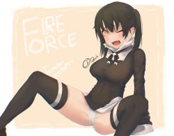 Rule 34 | 1girl, artist name, black hair, black thighhighs, blush, breasts, cameltoe, character name, copyright name, covered navel, darah, en&#039;en no shouboutai, fang, looking at viewer, medium breasts, one eye closed, open mouth, panties, pantyshot, signature, sitting, skin fang, slit pupils, solo, spread legs, tamaki kotatsu, thighhighs, thighs, twintails, underwear, white panties, yellow background, yellow eyes