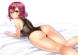 Rule 34 | 1girl, arm support, ass, bare shoulders, bed sheet, breast press, breasts, female focus, from behind, gradient background, hair between eyes, halterneck, horikawa raiko, kazo (kazozakazo), kneepits, large breasts, leg up, legs, leotard, looking at viewer, looking back, lying, on bed, on stomach, parted lips, purple eyes, purple hair, red eyes, red hair, shiny clothes, shiny skin, short hair, solo, thighs, thong, touhou, turtleneck, wavy hair