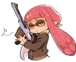 Rule 34 | 1girl, bad id, bad twitter id, controller, game controller, holding, inkling, inkling girl, inkling player character, jacket, light gun, long hair, looking at viewer, mask, mota, nintendo, pointy ears, pursed lips, red hair, simple background, solo, splatoon (series), tentacle hair, white background, yellow eyes