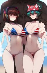 Rule 34 | 1boy, 2girls, absurdres, american flag bikini, bikini, black choker, blue eyes, breasts, brown eyes, brown hair, choker, d.va (overwatch), dark-skinned male, dark skin, facepaint, facial mark, flag print, green hair, hand on another&#039;s shoulder, hat, head out of frame, headset, height difference, highres, interracial, kiriko (overwatch), large breasts, mole, mole on breast, multiple girls, navel, overwatch, overwatch 2, ponytail, ratatatat74, revision, standing, stomach, swimsuit, v, whisker markings