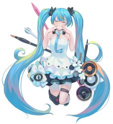 Rule 34 | 1girl, ^ ^, absurdres, bare arms, black bow, black skirt, blue hair, blue nails, bow, breasts, cleavage, closed eyes, detached collar, facing viewer, floating hair, full body, grin, hair bow, hatsune miku, headphones, headphones around neck, highres, layered skirt, long hair, miniskirt, nail polish, pleated skirt, simple background, single thighhigh, skindentation, skirt, small breasts, smile, solo, strapless, striped, striped bow, thigh strap, thighhighs, twintails, two-tone skirt, uito yzwa, very long hair, vocaloid, white background, white skirt