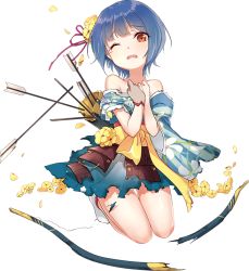 Rule 34 | 1girl, ;o, archery, arrow (projectile), artist request, bare shoulders, blue hair, blue skirt, bow (weapon), broken, broken weapon, brown eyes, covering privates, covering breasts, flower, full body, gloves, hair flower, hair ornament, kitsuki (oshiro project), kyuudou, official art, one eye closed, oshiro project:re, oshiro project:re, partially fingerless gloves, partly fingerless gloves, short hair, skirt, tearing up, torn clothes, transparent background, weapon, yugake
