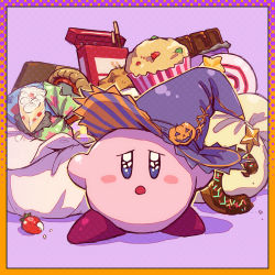 Rule 34 | 1boy, blue eyes, cake, candy, doughnut, food, fruit, halloween, hat, kirby, kirby (series), male focus, mishio, nintendo, no humans, solo, sprinkles, strawberry, witch hat