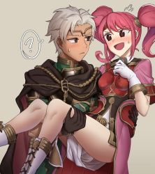 Rule 34 | 1boy, 1girl, ;d, absurdres, armor, bare legs, blush, boey (fire emblem), breastplate, brown eyes, cape, carrying, circlet, dark skin, dark-skinned male, ebinku, fire emblem, fire emblem echoes: shadows of valentia, gloves, grey background, hetero, highres, mae (fire emblem), nintendo, one eye closed, open mouth, pink hair, princess carry, smile, sweatdrop, twintails, white hair