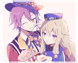 Rule 34 | 1boy, 1girl, asymmetrical bangs, blue hair, cake, cake slice, candy, collared shirt, cookie, food, green hair, hair between eyes, hat, holding, holding food, holding plate, kamishiro rui, kusanagi nene, long hair, multicolored hair, one eye closed, open mouth, plate, pop in my heart!! (project sekai), project sekai, purple eyes, purple hair, qi7pi, ribbon, shirt, short hair, simple background, star (symbol), streaked hair, wavy hair, wrapped candy, yellow eyes