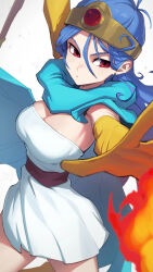 Rule 34 | 1girl, blue cape, blue hair, breasts, cape, dragon quest, dragon quest iii, dress, fire, gloves, hata4564, headpiece, highres, large breasts, orange gloves, red eyes, sage (dq3), short dress, solo, strapless, strapless dress, white dress