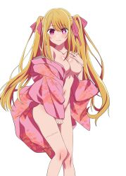 Rule 34 | 1girl, absurdres, bare shoulders, blonde hair, blush, bow, breasts, commentary, english commentary, floral print, hair bow, hair ornament, highres, hoshino ruby, japanese clothes, kevcrexx, kimono, large breasts, long hair, looking at viewer, mismatched pupils, nipple slip, nipples, no bra, no panties, off shoulder, open clothes, open kimono, oshi no ko, pink eyes, pink kimono, print kimono, simple background, smile, solo, star-shaped pupils, star (symbol), star in eye, symbol-shaped pupils, symbol in eye, twintails, white background