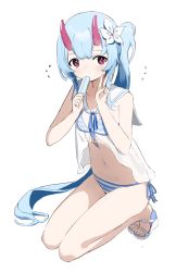 Rule 34 | 1girl, bare arms, bare legs, bare shoulders, bikini, bikini under clothes, blue archive, blue hair, chise (blue archive), chise (swimsuit) (blue archive), commentary request, flower, flying sweatdrops, food, full body, hair flower, hair ornament, hands up, haruteru, highres, holding, holding food, horns, long hair, navel, oni, oni horns, popsicle, red eyes, sailor collar, sandals, see-through, side-tie bikini bottom, side ponytail, simple background, solo, squatting, striped bikini, striped clothes, swimsuit, very long hair, white background, white flower, white footwear, white sailor collar