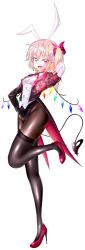 Rule 34 | 1girl, absurdres, blonde hair, fangs, fishnets, flandre scarlet, high heels, highres, jewelry, leg up, legs, leotard, looking at viewer, magician, open mouth, pantyhose, playboy bunny, pointy ears, red eyes, shiny clothes, solo, thighs, touhou, vampire, wand, welchsbinn, white background, wings