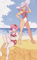 Rule 34 | 2girls, absurdres, amy rose, arm up, bare shoulders, barefoot, beach, bikini, bikini skirt, blaze the cat, blue sky, blush, bob cut, breasts, cleavage, closed mouth, cloud, collarbone, commission, contrail, covered navel, day, earrings, feet, female focus, finger to mouth, forehead jewel, full body, gem, green eyes, hair bobbles, hair intakes, hair ornament, hairband, hand on another&#039;s leg, hand on own hip, hands up, happy, hat, heart, heart earrings, heart print, highleg, highleg swimsuit, highres, horizon, humanization, jewelry, knee up, legs, legs apart, looking at viewer, medium breasts, medium hair, multiple girls, nano (nanolovesyou), navel, nose blush, one-piece swimsuit, outdoors, pink hair, ponytail, purple hair, purple one-piece swimsuit, red bikini, red gemstone, red hairband, rock, short hair, sidelocks, simple bird, sitting, sky, smile, sonic (series), split mouth, standing, stomach, stud earrings, sun hat, swimsuit, thighs, white headwear, yellow eyes