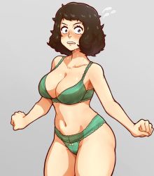 Rule 34 | 1girl, bare shoulders, blush, bow, bow panties, bra, breasts, brown eyes, brown hair, cleavage, collarbone, embarrassed, grey background, highres, kawakami sadayo, lace, lace-trimmed bra, lace-trimmed panties, lace trim, large breasts, lingerie, looking at viewer, medium hair, navel, nose blush, panties, persona, persona 5, raised eyebrows, shin megami tensei, simple background, solo, standing, stomach, surprised, sweat, nervous sweating, thighs, underwear, underwear only