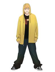 Rule 34 | 1boy, baggy pants, black shirt, blonde hair, chainsaw man, commentary, denji (chainsaw man), english commentary, full body, grin, highres, hood, hoodie, male focus, pants, pochita (chainsaw man), sharp teeth, shirt, shoes, sleeves past wrists, smile, sneakers, solo, teeth, xyanaid, yellow eyes, yellow hoodie