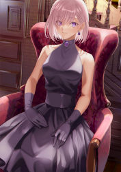 Rule 34 | 1girl, bad id, bad pixiv id, bare shoulders, black dress, black gloves, breasts, chair, closed mouth, collarbone, commentary request, dress, earrings, eyes visible through hair, fate/grand order, fate (series), formal, gem, gloves, hair over one eye, highres, indoors, jewelry, k harris, long dress, looking at viewer, mash kyrielight, medium breasts, pink hair, purple eyes, short hair, sitting, smile, solo, stairs