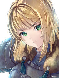 Rule 34 | 1girl, absurdres, armor, blonde hair, breastplate, clear glass (mildmild1311), commentary request, fire emblem, fire emblem: three houses, fire emblem warriors: three hopes, fur trim, green eyes, highres, ingrid brandl galatea, looking at viewer, medium hair, nintendo, pauldrons, shoulder armor, simple background, solo, upper body, white background