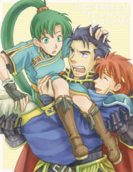 Rule 34 | 1girl, 2boys, :d, :o, armor, artist request, black gloves, blue eyes, blue hair, boots, cape, carrying, chinese clothes, copyright name, earrings, eliwood (fire emblem), closed eyes, fingerless gloves, fire emblem, fire emblem: the blazing blade, friends, gauntlets, gloves, green eyes, green hair, hector (fire emblem), jewelry, legs, long hair, looking at another, looking down, lowres, lyn (fire emblem), multiple boys, nintendo, open mouth, ponytail, princess carry, red hair, round teeth, short hair, smile, sweatdrop, teeth, tiara