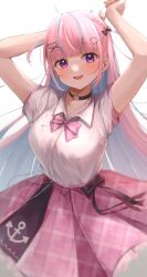 Rule 34 | 1girl, absurdres, armpits, highres, hololive, horo 27, long hair, minato aqua, multicolored hair, open mouth, pink hair, purple eyes, short sleeves, smile, solo, two-tone hair, virtual youtuber