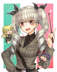 Rule 34 | 10s, 3girls, ^ ^, anchovy (girls und panzer), blonde hair, blue hair, braid, carpaccio (girls und panzer), closed eyes, drill hair, closed eyes, girls und panzer, hair ribbon, hand on own hip, italian flag, knife, looking at viewer, military, military uniform, multiple girls, necktie, open mouth, pepperoni (girls und panzer), red eyes, ribbon, riding crop, silver hair, sparkle, totonii (totogoya), twintails, uniform