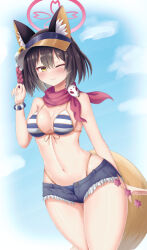 Rule 34 | 1girl, animal ear fluff, animal ears, arm at side, bikini, black hair, blue archive, blush, breasts, cleavage, closed mouth, commentary, cowboy shot, curvy, day, flower, fox ears, fox girl, fox mask, fox tail, groin, hair between eyes, halo, hand up, hat, hat flower, highres, izuna (blue archive), izuna (swimsuit) (blue archive), looking at viewer, mask, medium breasts, medium hair, micro shorts, midriff, navel, one eye closed, outdoors, pink halo, red scarf, scarf, shiny skin, shorts, smile, solo, standing, stomach, striped bikini, striped clothes, sunflower, swimsuit, tail, thighs, visor cap, yellow eyes, yellow tail, yuunagi (yunagi1373)
