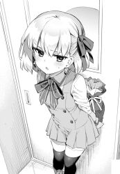Rule 34 | 1girl, alternate costume, arms behind back, blush, bow, bowtie, buttons, door, earrings, fate/grand order, fate (series), greyscale, hair bow, hanabana tsubomi, highres, holding, homurahara academy school uniform, jewelry, kama (fate), looking at viewer, monochrome, parted lips, school uniform, shadow, short hair, solo, sweat, thighhighs