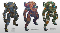Rule 34 | armor, blue eyes, bt-7274, concept art, glowing, glowing eye, gradient background, green armor, green eyes, grey background, highres, looking down, mecha, mecha focus, mechanical arms, mob-1316, monarch (titanfall 2), no humans, official art, one-eyed, open hands, orange armor, orange eyes, robot, science fiction, shir0kuma, titan (titanfall), titanfall (series), titanfall 2, variations, vehicle focus, white background