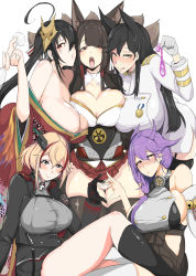 Rule 34 | 5girls, absurdres, ahoge, akagi (azur lane), animal ears, artist request, asymmetrical docking, atago (azur lane), azur lane, bare shoulders, black garter straps, black hair, black jacket, black legwear, blonde hair, blunt bangs, blush, breast press, breasts, brown eyes, chinese commentary, cleavage, closed mouth, clothes lift, collarbone, commentary request, condom, cross, cup, detached sleeves, extra ears, eyeliner, eyes visible through hair, eyeshadow, fox ears, fox girl, fox tail, garter straps, girl sandwich, gluteal fold, hair between eyes, hair ribbon, hakama, hakama short skirt, hakama skirt, half-closed eyes, headgear, heart, heart hands, heart hands duo, highres, holding, holding condom, holding cup, iron cross, jacket, japanese clothes, junyou (azur lane), kimono, kitsune, large breasts, lifting own clothes, long hair, long sleeves, looking at viewer, lowleg, lowleg panties, makeup, mask, mask on head, military, military uniform, mole, mole under eye, multicolored hair, multiple girls, multiple tails, nose blush, open mouth, panties, pleated skirt, purple hair, red eyes, red hair, red kimono, red skirt, ribbon, roon (azur lane), sandwiched, short hair, sideboob, simple background, skirt, streaked hair, taihou (azur lane), tail, thigh gap, thighhighs, thighs, tongue, tongue out, trait connection, twintails, underwear, uniform, used condom, very long hair, white background, white kimono, white legwear, white panties, wide sleeves, yellow eyes