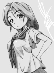 Rule 34 | 1girl, artist name, blouse, commentary, freckles, girls und panzer, gofu, greyscale, hand on own hip, long hair, long sleeves, looking at viewer, low ponytail, monochrome, neckerchief, ooarai school uniform, open mouth, piyotan (girls und panzer), pleated skirt, ponytail, sailor collar, school uniform, serafuku, shirt, short sleeves, signature, skirt, solo, upper body