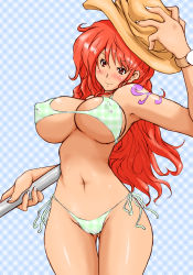 Rule 34 | 1girl, bikini, blush, breasts, cameltoe, covered erect nipples, curvy, female focus, hat, highres, large breasts, long hair, nami (one piece), navel, one piece, rai on (abc3639), red eyes, red hair, smile, solo, staff, standing, swimsuit, tattoo, thigh gap, wavy hair