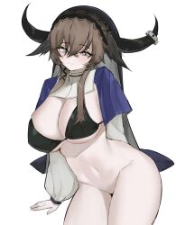 Rule 34 | 1girl, :3, animal ears, arknights, arm support, bikini, bikini top only, black bikini, blush, bottomless, breasts, brown hair, cleavage, closed mouth, cow ears, cow girl, cow horns, grey eyes, highres, horns, large breasts, leaning to the side, long hair, long sleeves, looking at viewer, navel, pallas (arknights), sitting, smile, solo, swimsuit, unknownnoname0, veil