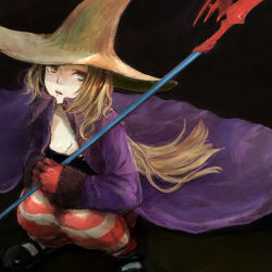 Rule 34 | 1girl, bad id, bad pixiv id, black mage, black mage (fft), black mage (final fantasy), blonde hair, blue eyes, breasts, cleavage, coat, female focus, final fantasy, final fantasy tactics, hat, kno, kno (anahita), long hair, medium breasts, rod, sitting, solo, striped clothes, striped thighhighs, thighhighs, witch hat