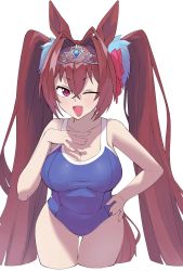 Rule 34 | 1girl, absurdres, animal ears, ayuuuuuu, bare shoulders, blush, breasts, brown hair, cleavage, collarbone, cropped legs, daiwa scarlet (umamusume), fang, hair intakes, hand on own hip, hand on own chest, highres, horse ears, horse girl, horse tail, large breasts, leaning forward, long hair, looking at viewer, one-piece swimsuit, one eye closed, open mouth, red eyes, school swimsuit, simple background, skin fang, solo, swimsuit, tail, tiara, umamusume, very long hair, white background