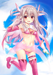 Rule 34 | 1girl, :d, absurdres, armpits, bikini, blue sky, blush, boots, breasts, bridal garter, brown hair, cameltoe, cloud, cloudy sky, collarbone, commentary request, day, detached sleeves, earrings, elbow gloves, eyes visible through hair, fang, fate/kaleid liner prisma illya, fate (series), feather hair ornament, feathers, glint, gloves, groin, hair between eyes, hair ornament, highres, holding, holding syringe, illyasviel von einzbern, jewelry, long hair, long sleeves, looking at viewer, navel, nipples, open mouth, outdoors, pink bikini, pink feathers, pink footwear, pink sleeves, pink thighhighs, prisma illya, red eyes, see-through, shaian, side-tie bikini bottom, sky, small breasts, smile, solo, standing, standing on one leg, swimsuit, syringe, thigh boots, thighhighs, two side up, v, very long hair, white gloves